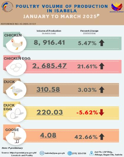 POULTRY VOLUME OF PRODUCTION IN ISABELA JANUARY TO MARCH 2025